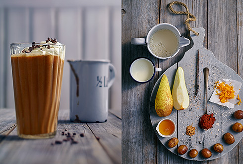 Nussmilch/Kokossahne/Birne/Honig/Vanilleschote/Orangenabrieb/gegarte Maronen/Zimtpulver/Kakaopulver - Creamy Praline